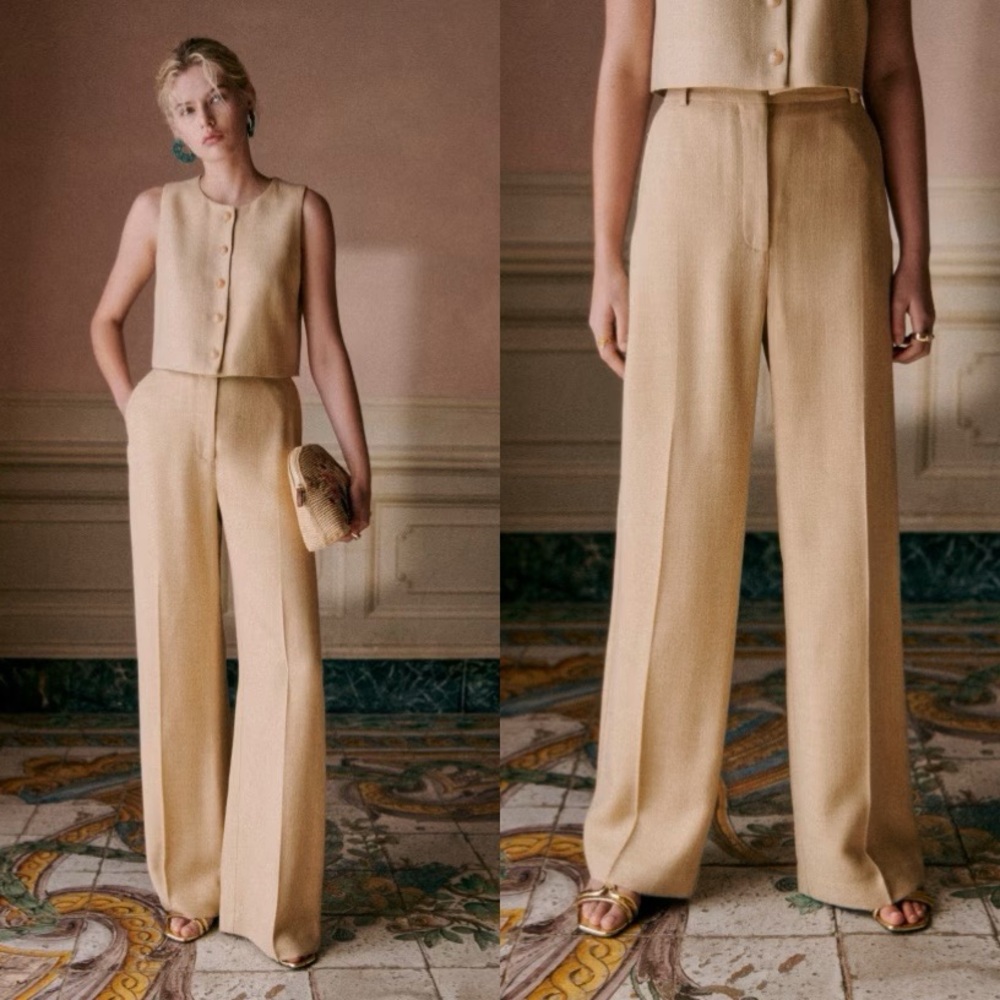 Sezane Giovanni Wide Leg Trousers Light Beige Size 38